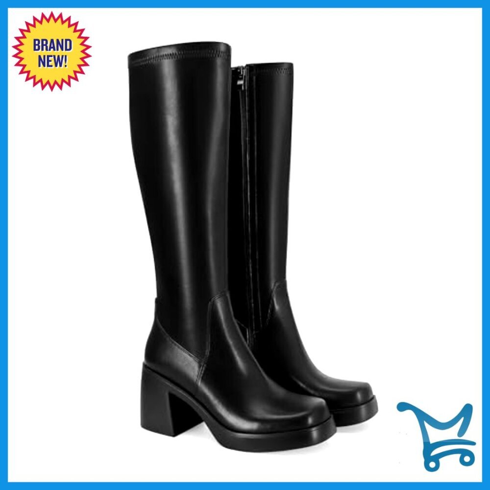 Knee High Boots Square Toe Platform Chunky Block Heel Stretch Side Zipper - Picture 6 of 7